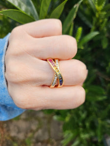 1167: Vintage: Statement 18ct Gold Diamonds Mixed Colour Sapphires Crossover Ring- UPDATED