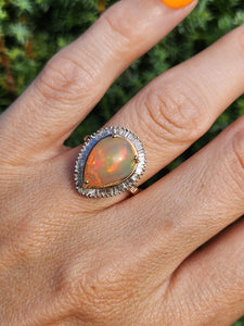 1971: Vintage: 9ct Gold Ethiopian Opal 50 Natural Diamonds Cocktail Ring- fabulous colour play