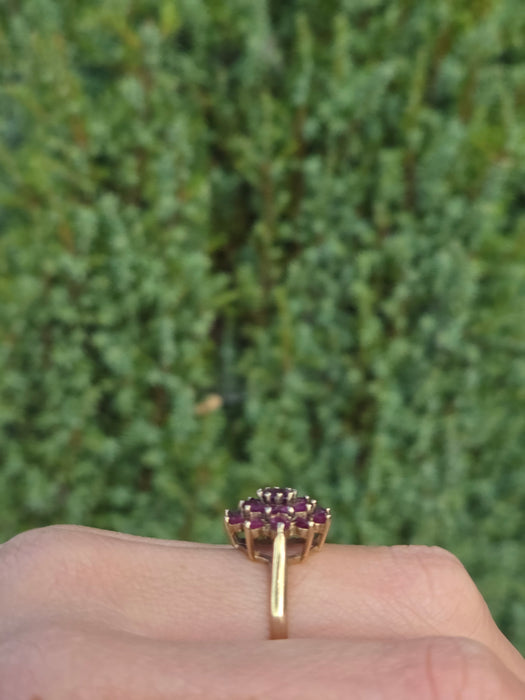 6438: Vintage; 9ct Gold 21 Rubies Flower Head Cocktail Ring- From 1979