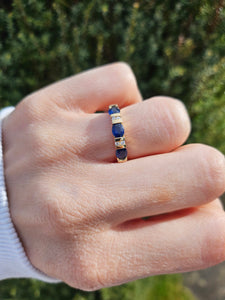 1430: Vintage: 9ct Gold French Blue Sapphires Diamonds Dress/Stacker Ring- fine example