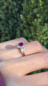 6218 Vintage: 9ct Gold Heart Cut Ruby Diamonds Dress Ring
