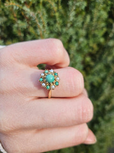 1135: Vintage: 9ct Gold Green Jade  Pearls Floral Cluster Ring- Date Mark 1967