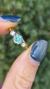 6230 Vintage: 18ct Gold  Platinum Ceylon Blue Zircon Twin Diamonds Dress Ring