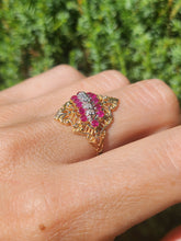 Load image into Gallery viewer, 6117: Vintage: Dramatic 14ct Gold Openwork 12 Rubies 5 Diamonds Cocktail Ring
