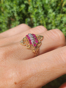 6117: Vintage: Dramatic 14ct Gold Openwork 12 Rubies 5 Diamonds Cocktail Ring