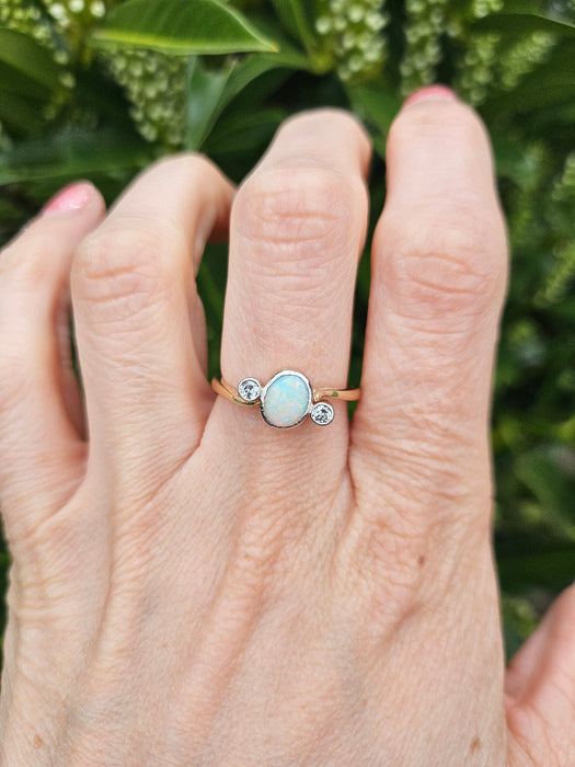 1102: Vintage; 18ct Gold White Opal Twin Diamonds Dress Ring- cute, colourful, sparkling