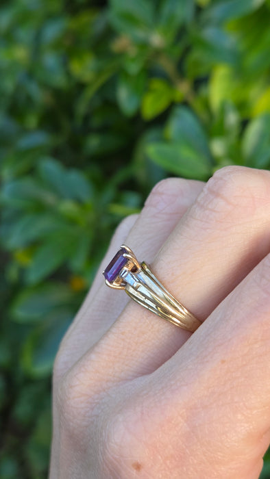 6452: Vintage; 9ct Gold Emerald Cut Lilac Amethyst Diamonds 3-Stone Ring