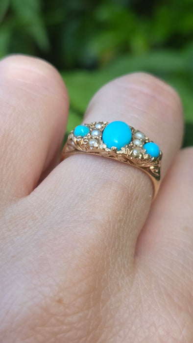 Vintage: 9ct Gold Turquoise Seed Pearls Dress Ring — From 1976