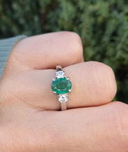 Load image into Gallery viewer, 2299 Vintage: Platinum Emerald (1.19ct) Diamonds (0.30ct) 3-Stone Ring
