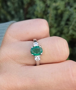2299 Vintage: Platinum Emerald (1.19ct) Diamonds (0.30ct) 3-Stone Ring
