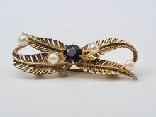 Load image into Gallery viewer, 4459: Vintage: 9ct Gold &quot;Bow Brooch&quot; Garnets Seed Pearls - lovely symmetry
