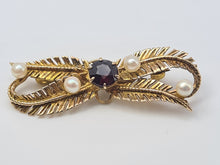 Load image into Gallery viewer, 4459: Vintage: 9ct Gold &quot;Bow Brooch&quot; Garnets Seed Pearls - lovely symmetry
