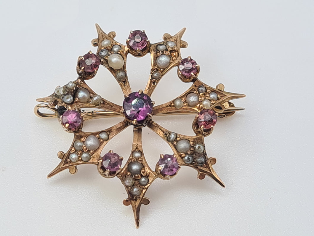 Vintage/Antique: 9ct Gold Brooch Amethysts Seed Pearls beautiful symmetry