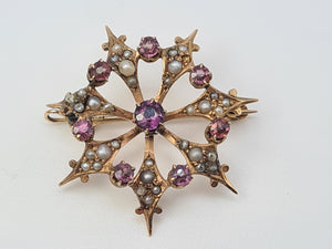 Vintage/Antique: 9ct Gold Brooch Amethysts Seed Pearls beautiful symmetry