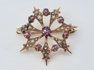 Vintage/Antique: 9ct Gold Brooch Amethysts Seed Pearls beautiful symmetry