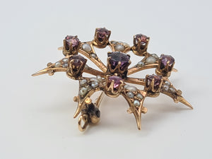 Vintage/Antique: 9ct Gold Brooch Amethysts Seed Pearls beautiful symmetry