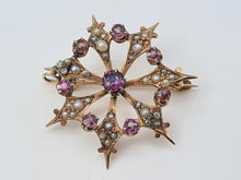 Load image into Gallery viewer, Vintage/Antique: 9ct Gold Brooch Amethysts Seed Pearls beautiful symmetry
