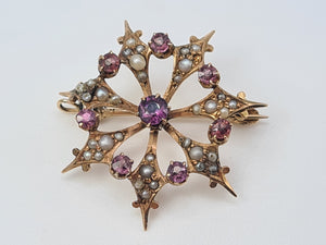 Vintage/Antique: 9ct Gold Brooch Amethysts Seed Pearls beautiful symmetry