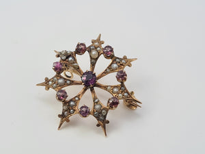 Vintage/Antique: 9ct Gold Brooch Amethysts Seed Pearls beautiful symmetry