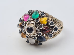 4490: Vintage: 14ct Gold "Thai Princess" Multi-Gemstone Ring-Nineteen sapphires and one garnet, citrine, emerald, ruby, tiger's eye, topaz