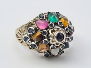 4490: Vintage: 14ct Gold "Thai Princess" Multi-Gemstone Ring-Nineteen sapphires and one garnet, citrine, emerald, ruby, tiger's eye, topaz