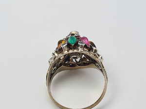 4490: Vintage: 14ct Gold "Thai Princess" Multi-Gemstone Ring-Nineteen sapphires and one garnet, citrine, emerald, ruby, tiger's eye, topaz