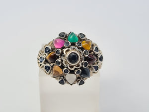 4490: Vintage: 14ct Gold "Thai Princess" Multi-Gemstone Ring-Nineteen sapphires and one garnet, citrine, emerald, ruby, tiger's eye, topaz