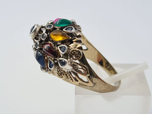 4490: Vintage: 14ct Gold "Thai Princess" Multi-Gemstone Ring-Nineteen sapphires and one garnet, citrine, emerald, ruby, tiger's eye, topaz