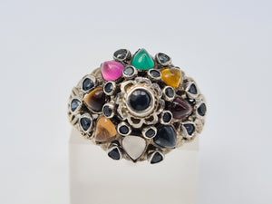 4490: Vintage: 14ct Gold "Thai Princess" Multi-Gemstone Ring-Nineteen sapphires and one garnet, citrine, emerald, ruby, tiger's eye, topaz