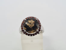 Load image into Gallery viewer, 4558:Vintage: 9ct White Gold Smokey Quartz Garnets Halo- lovely combination- nice weight
