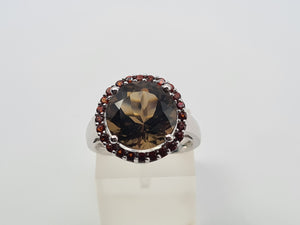 4558:Vintage: 9ct White Gold Smokey Quartz Garnets Halo- lovely combination- nice weight