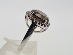 4558:Vintage: 9ct White Gold Smokey Quartz Garnets Halo- lovely combination- nice weight