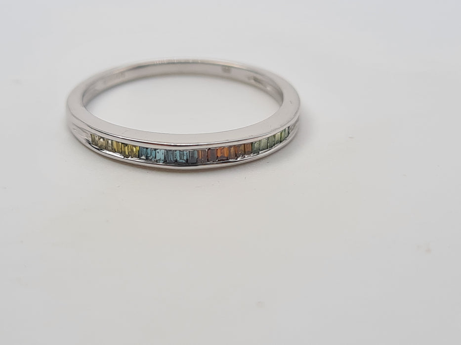 Vintage: 9ct White Gold Multi-Coloured Baguette Sapphire Half Eternity Ring