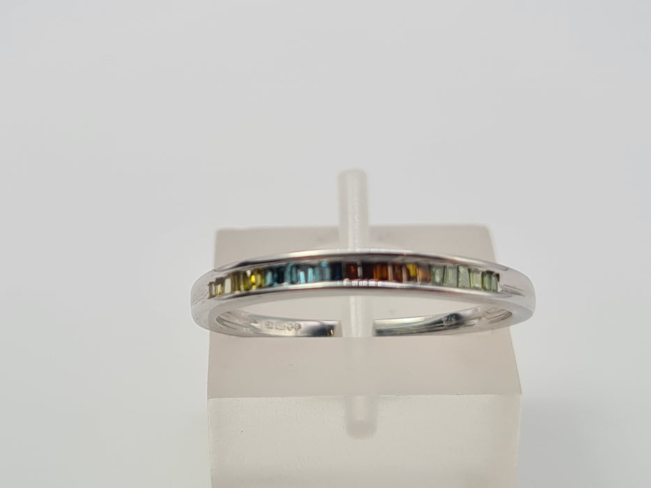 Vintage: 9ct White Gold Multi-Coloured Baguette Sapphire Half Eternity Ring