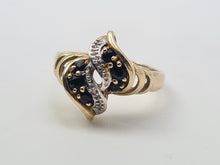 Load image into Gallery viewer, 4651: Vintage, Abstract 9ct Gold Blue Sapphires Brilliant Cut Diamonds Ring- striking design
