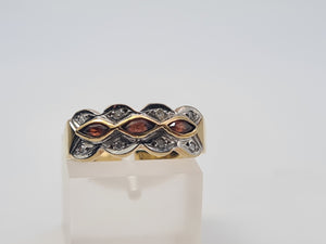 4658: Vintage; 9ct Gold Geometric Set Garnets Round Cut Diamonds Dress ring- lovely symmetry ,nice weight