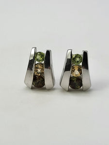 4762: Vintage: 9ct White Gold Multi-Gemstone Stud Earrings- Peridot, Topaz & Andalusite- rare