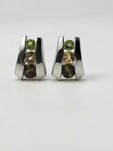 4762: Vintage: 9ct White Gold Multi-Gemstone Stud Earrings- Peridot, Topaz & Andalusite- rare