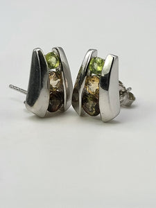 4762: Vintage: 9ct White Gold Multi-Gemstone Stud Earrings- Peridot, Topaz & Andalusite- rare