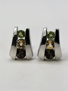 4762: Vintage: 9ct White Gold Multi-Gemstone Stud Earrings- Peridot, Topaz & Andalusite- rare