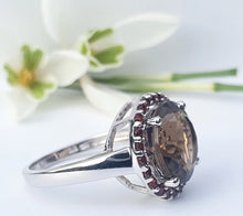 Load image into Gallery viewer, 4558:Vintage: 9ct White Gold Smokey Quartz Garnets Halo- lovely combination- nice weight
