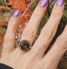 Load image into Gallery viewer, 4558:Vintage: 9ct White Gold Smokey Quartz Garnets Halo- lovely combination- nice weight
