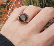 Load image into Gallery viewer, 4558:Vintage: 9ct White Gold Smokey Quartz Garnets Halo- lovely combination- nice weight
