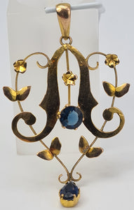 4823: Vintage & Old 9ct Gold Synthetic Blue Sapphires Lavaliere pendant- lovely symmetry