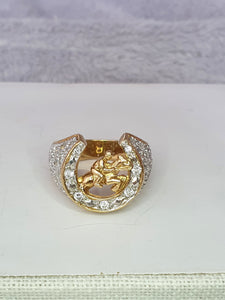 6009:Vintage 9ct Gold Simulated Diamonds Lucky  Horseshoe Statement Ring - Huge