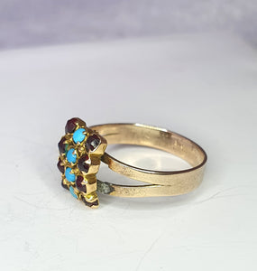 4834: Vintage Old 9ct Gold Geometric Set Signet Ring Turquoises Garnets- lovely symmetry