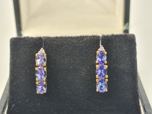 4987: Vintage: 14ct Gold Tanzanites Trilogy Diamonds Earrings- exquisite eye catchers