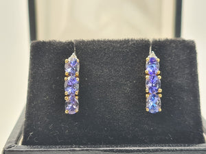 4987: Vintage: 14ct Gold Tanzanites Trilogy Diamonds Earrings- exquisite eye catchers