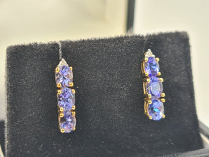 4987: Vintage: 14ct Gold Tanzanites Trilogy Diamonds Earrings- exquisite eye catchers