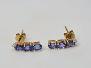 4987: Vintage: 14ct Gold Tanzanites Trilogy Diamonds Earrings- exquisite eye catchers